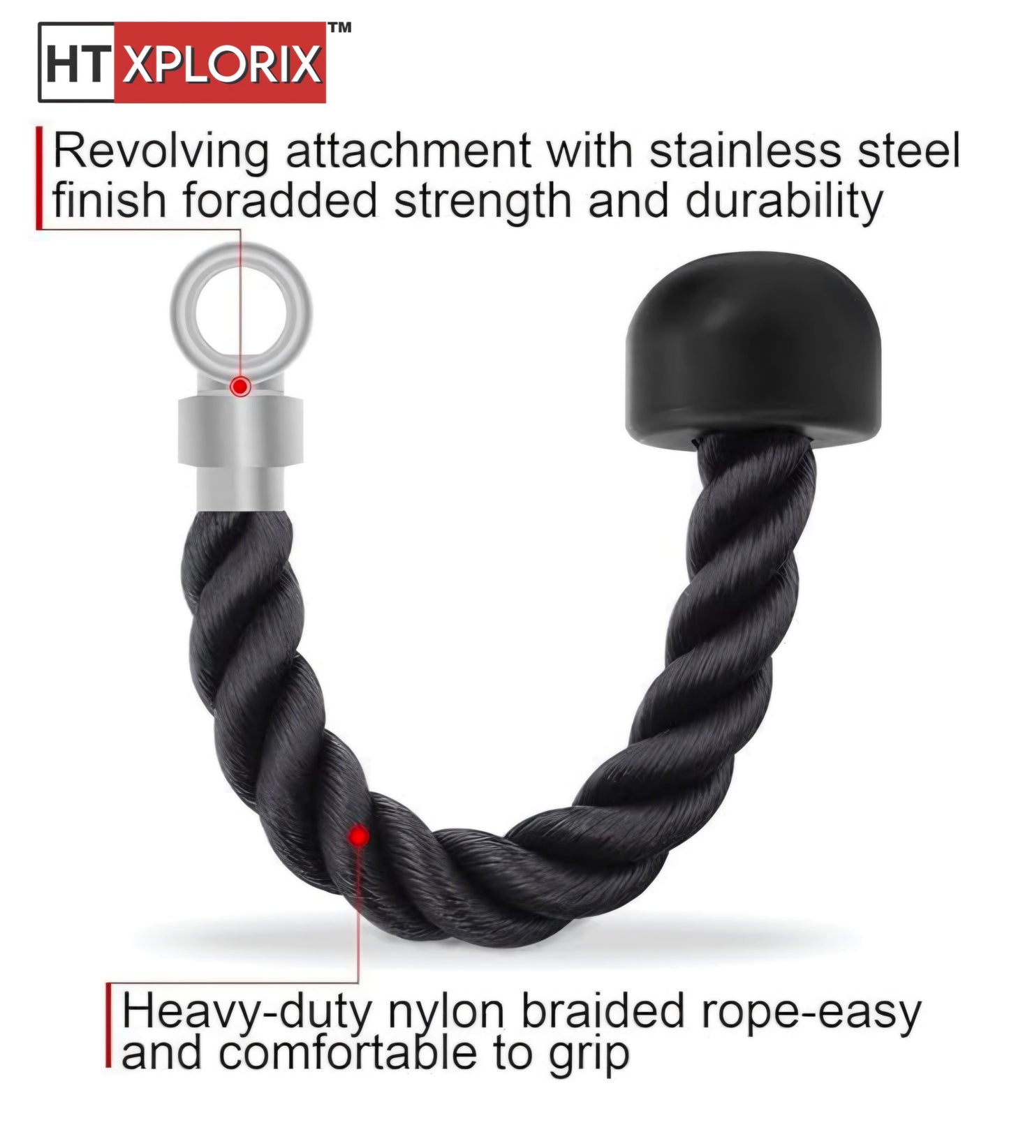HT XPLORIX™ Nylon Triceps Rope Single Grip Durable Cable Attachment for Tricep Pushdowns & Arm Workouts