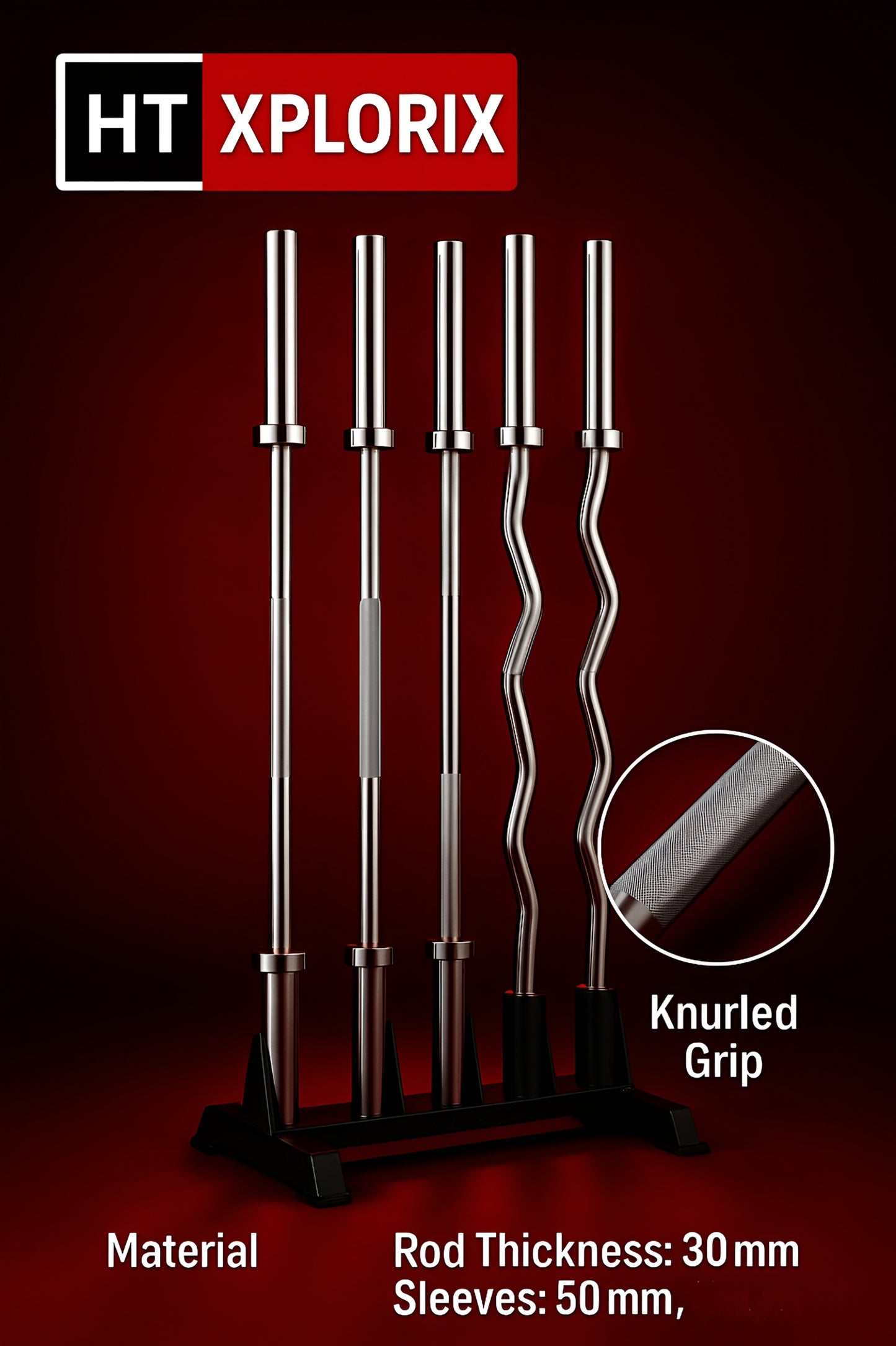 HT XPLORIX™ Straight Olympic Barbell Rod – 30mm Stainless Steel Shaft, 50mm Sleeves with PVC Two Collars.