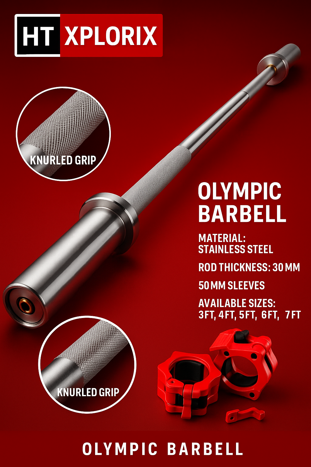 HT XPLORIX™ Straight Olympic Barbell Rod – 30mm Stainless Steel Shaft, 50mm Sleeves with PVC Two Collars.